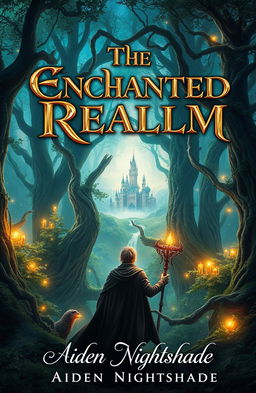 An epic fantasy book cover for 'The Enchanted Realm' by Aiden Nightshade, featuring a majestic enchanted forest with towering, ancient trees, glimmering magical lights floating in the air, and a sense of adventure and magic
