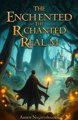 An epic fantasy book cover for 'The Enchanted Realm' by Aiden Nightshade, featuring a majestic enchanted forest with towering, ancient trees, glimmering magical lights floating in the air, and a sense of adventure and magic