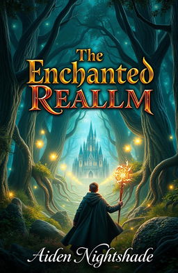 An epic fantasy book cover for 'The Enchanted Realm' by Aiden Nightshade, featuring a majestic enchanted forest with towering, ancient trees, glimmering magical lights floating in the air, and a sense of adventure and magic