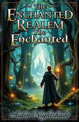 An epic fantasy book cover for 'The Enchanted Realm' by Aiden Nightshade, featuring a majestic enchanted forest with towering, ancient trees, glimmering magical lights floating in the air, and a sense of adventure and magic