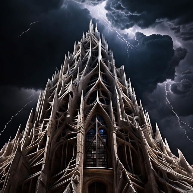 A HD architectural photograph of a natural skyscraper: a towering mountain with distinct, gothic architectural elements, under a stormy night sky with lightning.