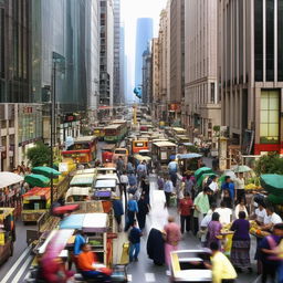 A bustling road filled with pedestrians and various types of vehicles, creating a dynamic street scene.