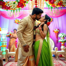 A beautifully decorated Indian wedding scene featuring a young woman inspired by Nushrat Barucha, wearing a stylish bikini top paired with a flowing long skirt that adds elegance to her look