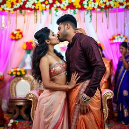 A beautifully decorated Indian wedding scene featuring a young woman inspired by Nushrat Barucha, wearing a stylish bikini top paired with a flowing long skirt that adds elegance to her look