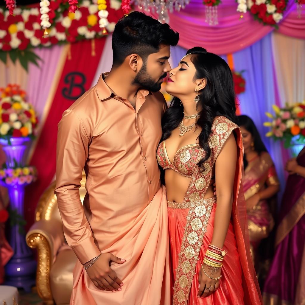 A beautifully decorated Indian wedding scene featuring a young woman inspired by Nushrat Barucha, wearing a stylish bikini top paired with a flowing long skirt that adds elegance to her look