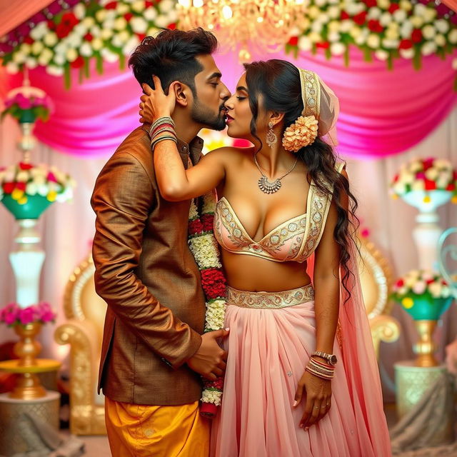 A beautifully decorated Indian wedding scene featuring a young woman inspired by Nushrat Barucha, wearing a stylish bikini top paired with a flowing long skirt that adds elegance to her look