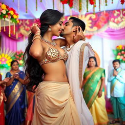 A beautifully decorated Indian wedding scene featuring a young woman inspired by Nushrat Barucha, wearing a stylish bikini top and a flowing long skirt