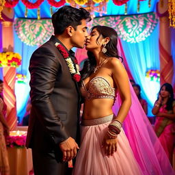 A beautifully decorated Indian wedding scene featuring a young woman inspired by Nushrat Barucha, wearing a stylish bikini top and a flowing long skirt
