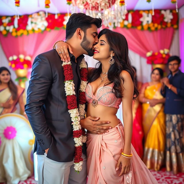 A beautifully decorated Indian wedding scene featuring a young woman inspired by Nushrat Barucha, wearing a stylish bikini top and a flowing long skirt