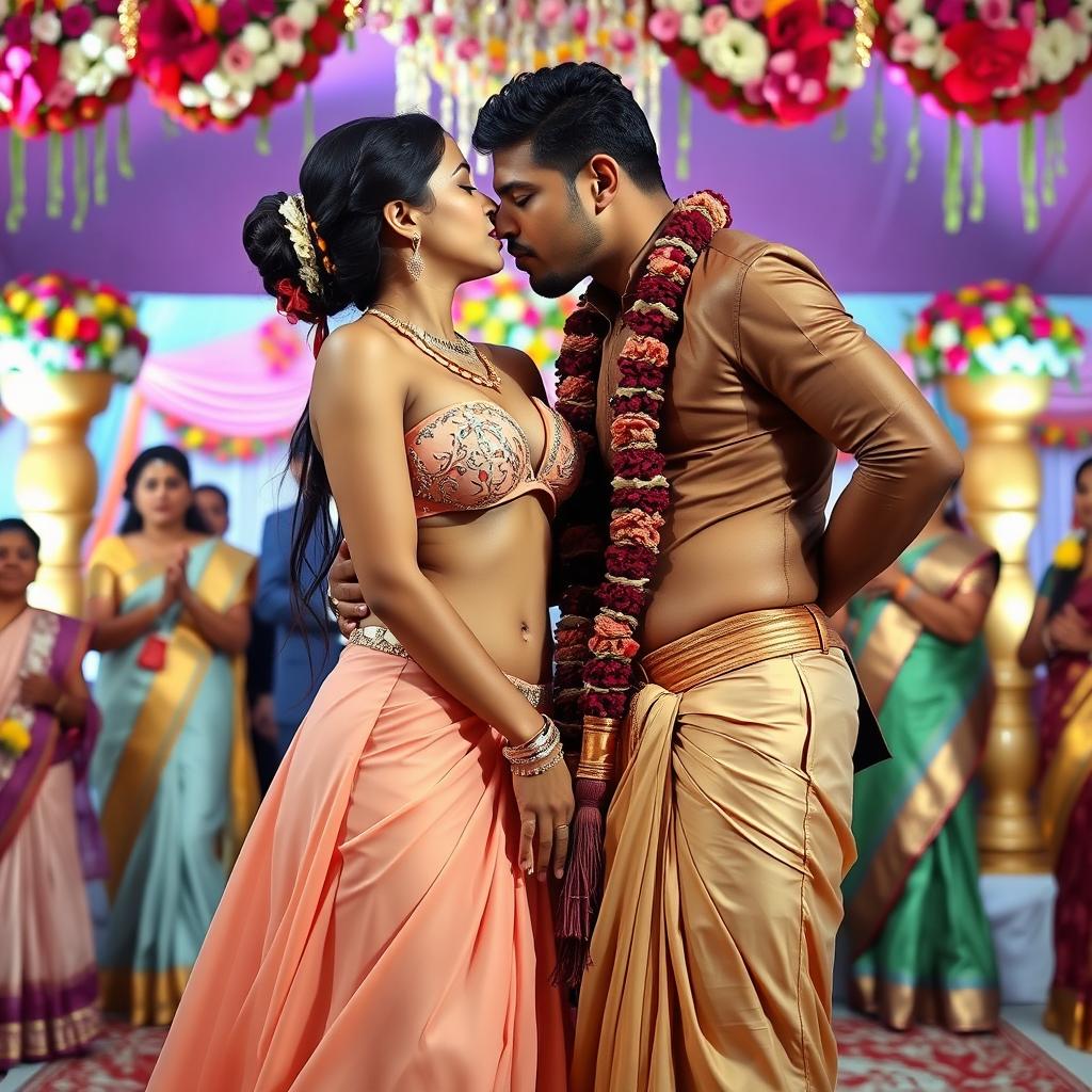 A beautifully decorated Indian wedding scene featuring a young woman inspired by Nushrat Barucha, wearing a stylish bikini top and a flowing long skirt