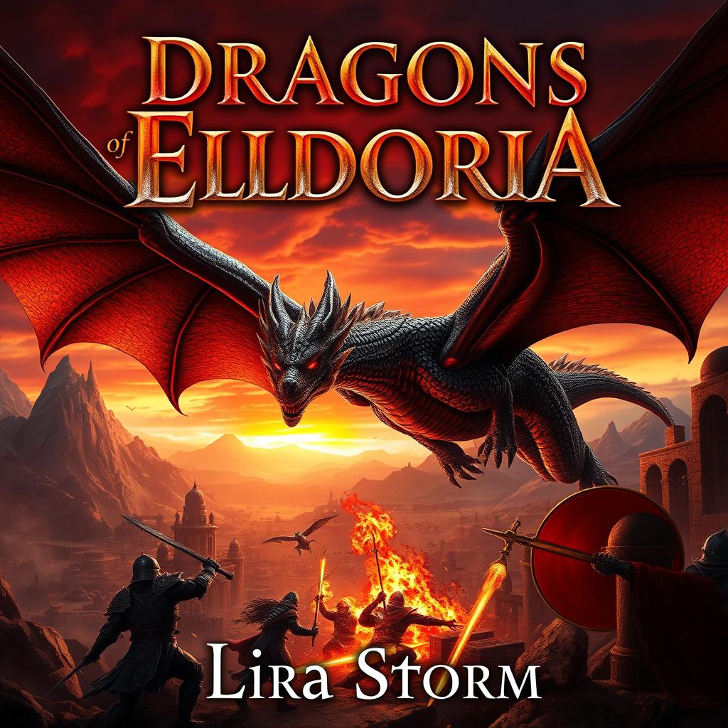 A striking fantasy book cover for 'Dragons of Eldoria' by Lira Storm, featuring a dramatic scene of powerful dragons soaring above a sprawling fantasy landscape filled with mountains and ancient ruins