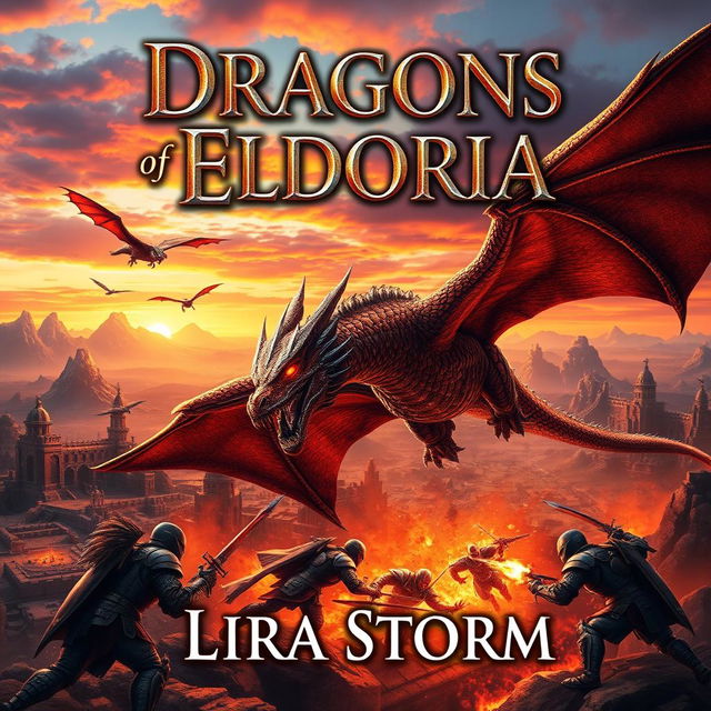 A striking fantasy book cover for 'Dragons of Eldoria' by Lira Storm, featuring a dramatic scene of powerful dragons soaring above a sprawling fantasy landscape filled with mountains and ancient ruins