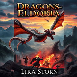 A striking fantasy book cover for 'Dragons of Eldoria' by Lira Storm, featuring a dramatic scene of powerful dragons soaring above a sprawling fantasy landscape filled with mountains and ancient ruins