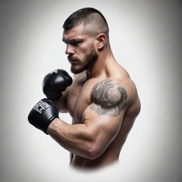 Generate a dynamic tattoo design, stretching from shoulder to elbow, inside of arm and bicep. The theme should be combat sports, featuring elements from MMA, Greco-Roman wrestling, and boxing. The design should be standalone, not on a person.