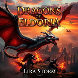 A striking fantasy book cover for 'Dragons of Eldoria' by Lira Storm, featuring a dramatic scene of powerful dragons soaring above a sprawling fantasy landscape filled with mountains and ancient ruins