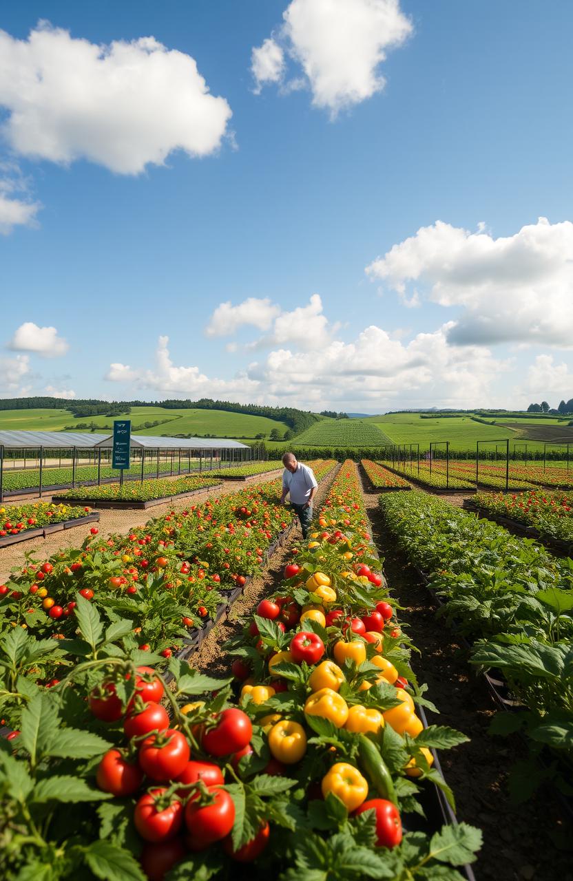 An expansive view of an alternative agriculture farm focusing on horticulture, featuring a vibrant greenhouse full of colorful vegetables and fruits, like red tomatoes, green cucumbers, and yellow bell peppers