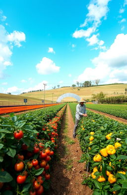 An expansive view of an alternative agriculture farm focusing on horticulture, featuring a vibrant greenhouse full of colorful vegetables and fruits, like red tomatoes, green cucumbers, and yellow bell peppers