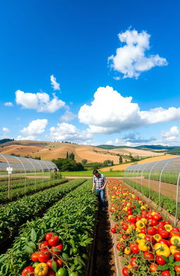 An expansive view of an alternative agriculture farm focusing on horticulture, featuring a vibrant greenhouse full of colorful vegetables and fruits, like red tomatoes, green cucumbers, and yellow bell peppers