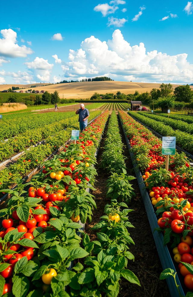 An expansive view of an alternative agriculture farm focusing on horticulture, featuring a vibrant greenhouse full of colorful vegetables and fruits, like red tomatoes, green cucumbers, and yellow bell peppers