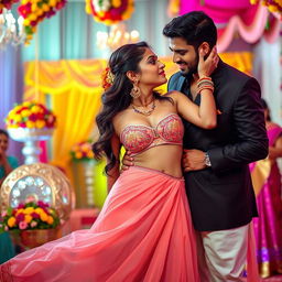 A lively and colorful Indian wedding scene featuring a young woman inspired by Nushrat Barucha, wearing a fashionable bikini top and a low-waist long skirt that flows elegantly