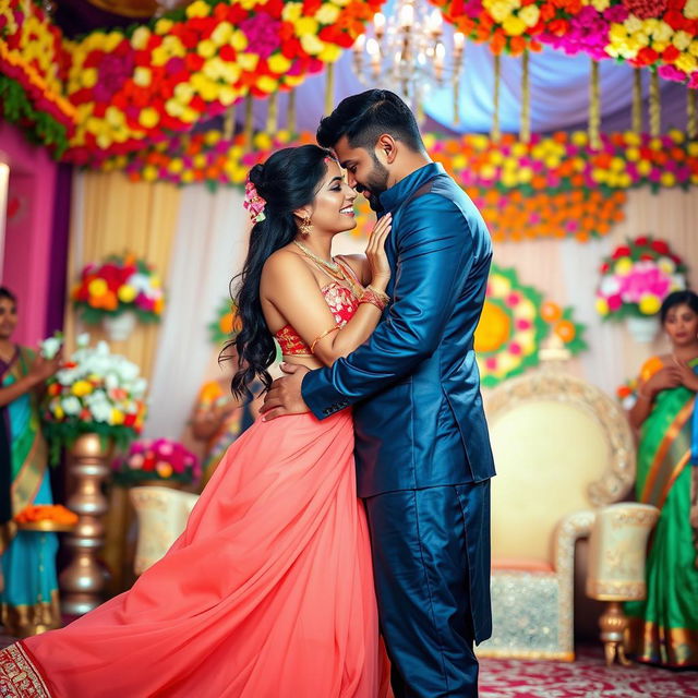 A lively and colorful Indian wedding scene featuring a young woman inspired by Nushrat Barucha, wearing a fashionable bikini top and a low-waist long skirt that flows elegantly