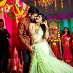 A lively and colorful Indian wedding scene featuring a young woman inspired by Nushrat Barucha, wearing a fashionable bikini top and a low-waist long skirt that flows elegantly