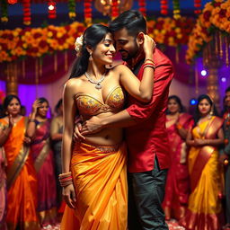 A vibrant and festive Indian wedding scene featuring a young woman inspired by Nushrat Barucha, elegantly dressed in a bikini top and a low-waist long skirt that flows gracefully