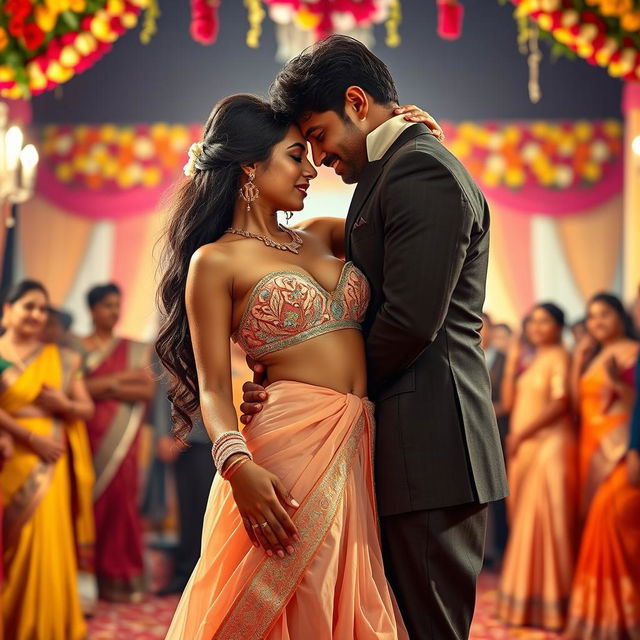 A vibrant and festive Indian wedding scene featuring a young woman inspired by Nushrat Barucha, elegantly dressed in a bikini top and a low-waist long skirt that flows gracefully