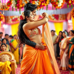 A vibrant and festive Indian wedding scene featuring a young woman inspired by Nushrat Barucha, elegantly dressed in a bikini top and a low-waist long skirt that flows gracefully
