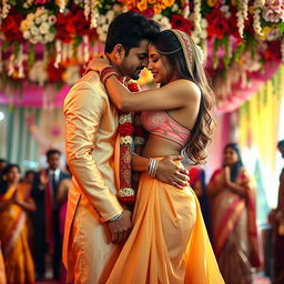 A vibrant and festive Indian wedding scene featuring a young woman inspired by Nushrat Barucha, elegantly dressed in a bikini top and a low-waist long skirt that flows gracefully