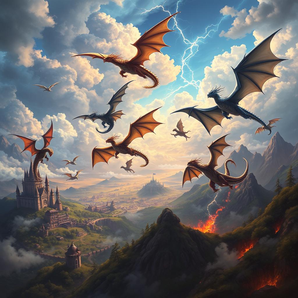 A breathtaking fantasy scene depicting the majestic Dragons of Eldoria soaring through a mystical sky