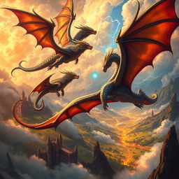 A breathtaking fantasy scene depicting the majestic Dragons of Eldoria soaring through a mystical sky