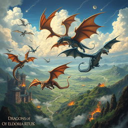 A breathtaking fantasy scene depicting the majestic Dragons of Eldoria soaring through a mystical sky