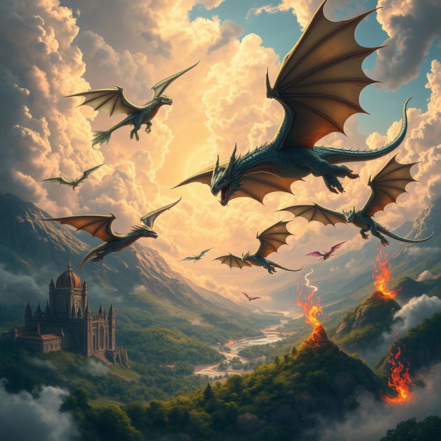 A breathtaking fantasy scene depicting the majestic Dragons of Eldoria soaring through a mystical sky