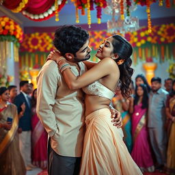 A lively Indian wedding scene featuring a young woman inspired by Nushrat Barucha, wearing a chic bikini top and a low-waist long skirt that accentuates her figure