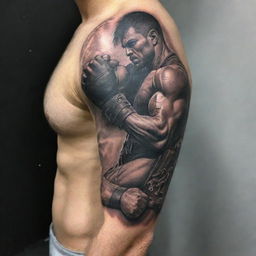 A captivating tattoo design, stretching from shoulder to elbow and the inner part of the arm to the bicep, featuring the theme of combat in an intricate layout, with careful handling of lights and shadows for a 3D effect.