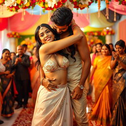 A lively Indian wedding scene featuring a young woman inspired by Nushrat Barucha, wearing a chic bikini top and a low-waist long skirt that accentuates her figure