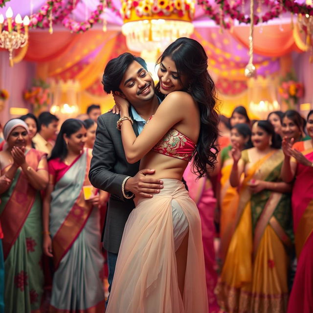 A lively Indian wedding scene featuring a young woman inspired by Nushrat Barucha, wearing a chic bikini top and a low-waist long skirt that accentuates her figure