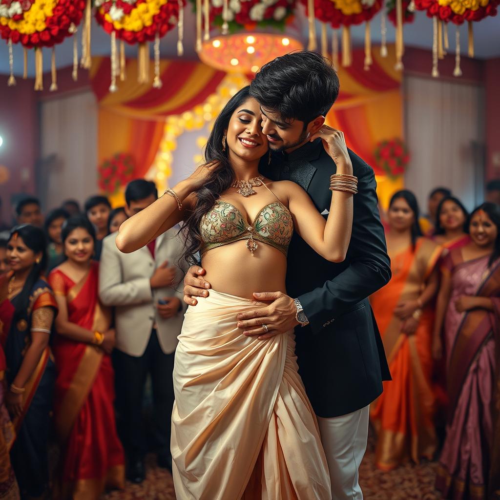 A lively Indian wedding scene featuring a young woman inspired by Nushrat Barucha, wearing a chic bikini top and a low-waist long skirt that accentuates her figure