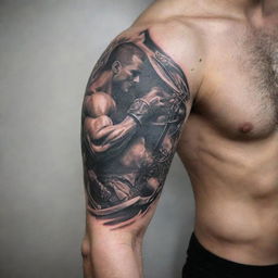 A captivating tattoo design, stretching from shoulder to elbow and the inner part of the arm to the bicep, featuring the theme of combat in an intricate layout, with careful handling of lights and shadows for a 3D effect.