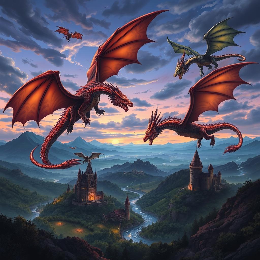 A stunning fantasy scene illustrating the epic battle between majestic dragons in the world of Eldoria