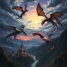 A stunning fantasy scene illustrating the epic battle between majestic dragons in the world of Eldoria