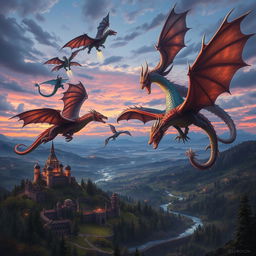 A stunning fantasy scene illustrating the epic battle between majestic dragons in the world of Eldoria