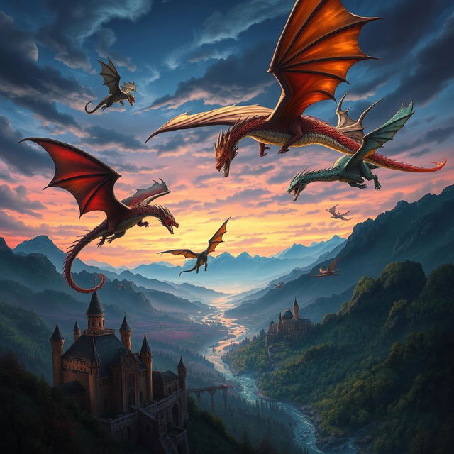 A stunning fantasy scene illustrating the epic battle between majestic dragons in the world of Eldoria