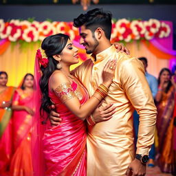 A vibrant and romantic Indian wedding scene featuring a young woman resembling Ileana wearing a stunning Satya Paul saree that elegantly showcases her navel