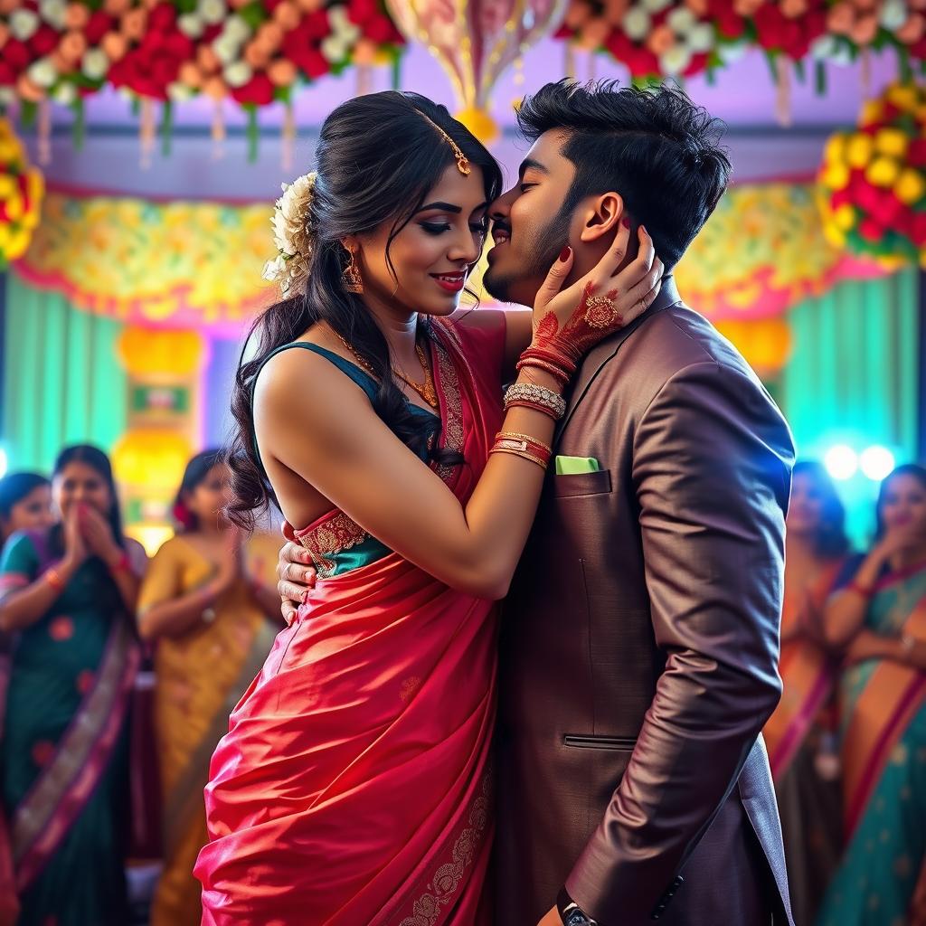 A vibrant and romantic Indian wedding scene featuring a young woman resembling Ileana wearing a stunning Satya Paul saree that elegantly showcases her navel