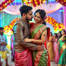 A vibrant and romantic Indian wedding scene featuring a young woman resembling Ileana wearing a stunning Satya Paul saree that elegantly showcases her navel