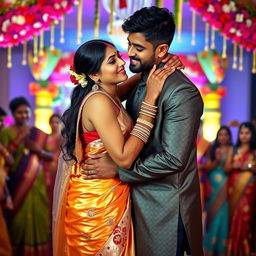 A vibrant and romantic Indian wedding scene featuring a young woman resembling Ileana wearing a stunning Satya Paul saree that elegantly showcases her navel