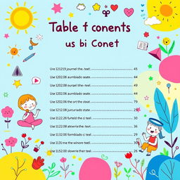 A vibrant and playful background for a table of contents page that features colorful cartoon illustrations