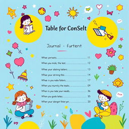 A vibrant and playful background for a table of contents page that features colorful cartoon illustrations